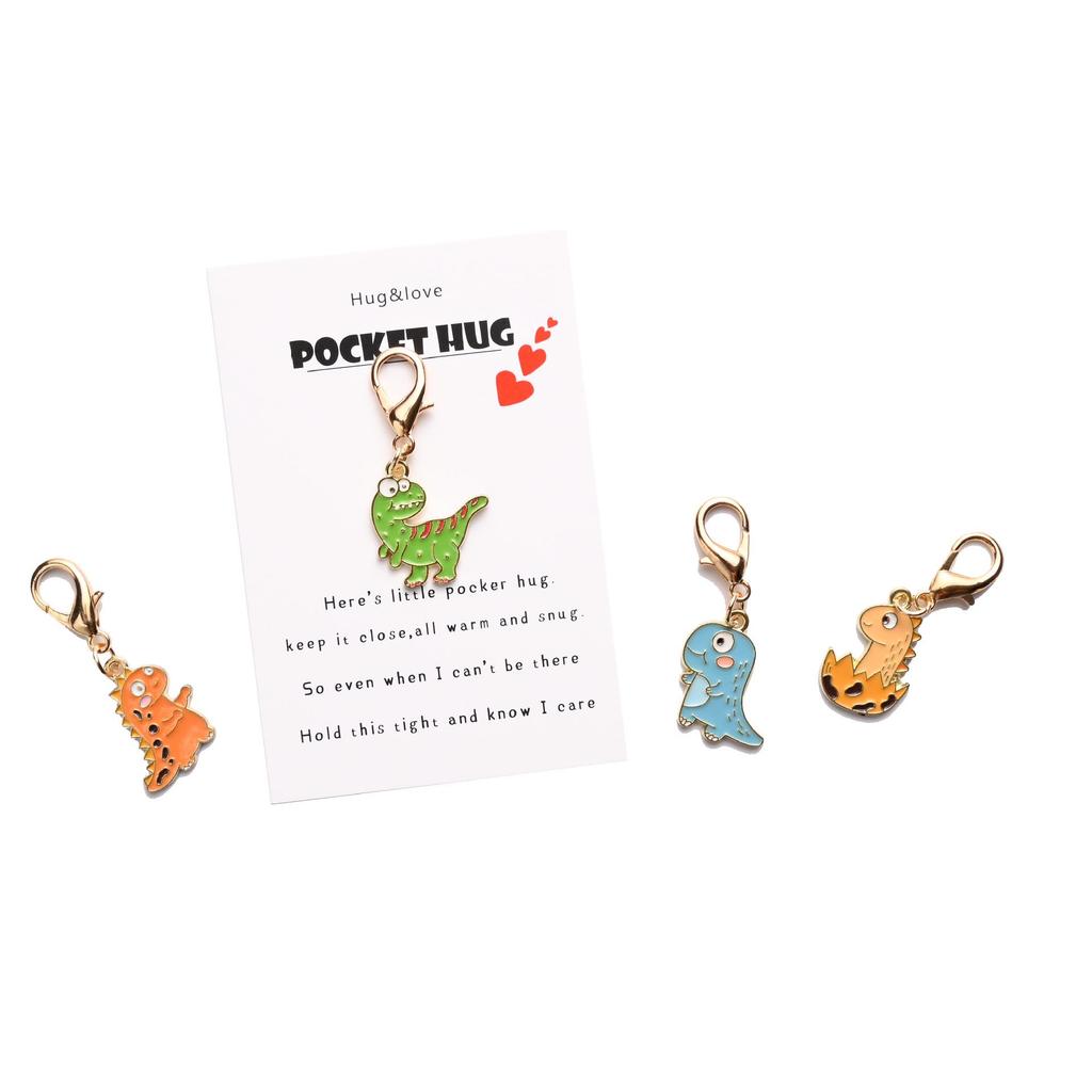 Cute Cartoon Dinosaur Keychain with POCKET HUG English Hug Card and Bag Pendant