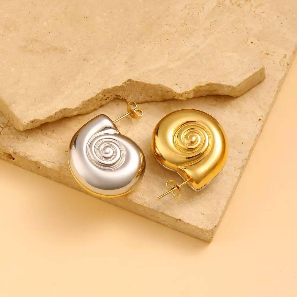 Ocean Series Seashell Stud Earrings: 18K Gold Spiral Snail Design, Stainless Steel, Perfect for Summer Fashion.