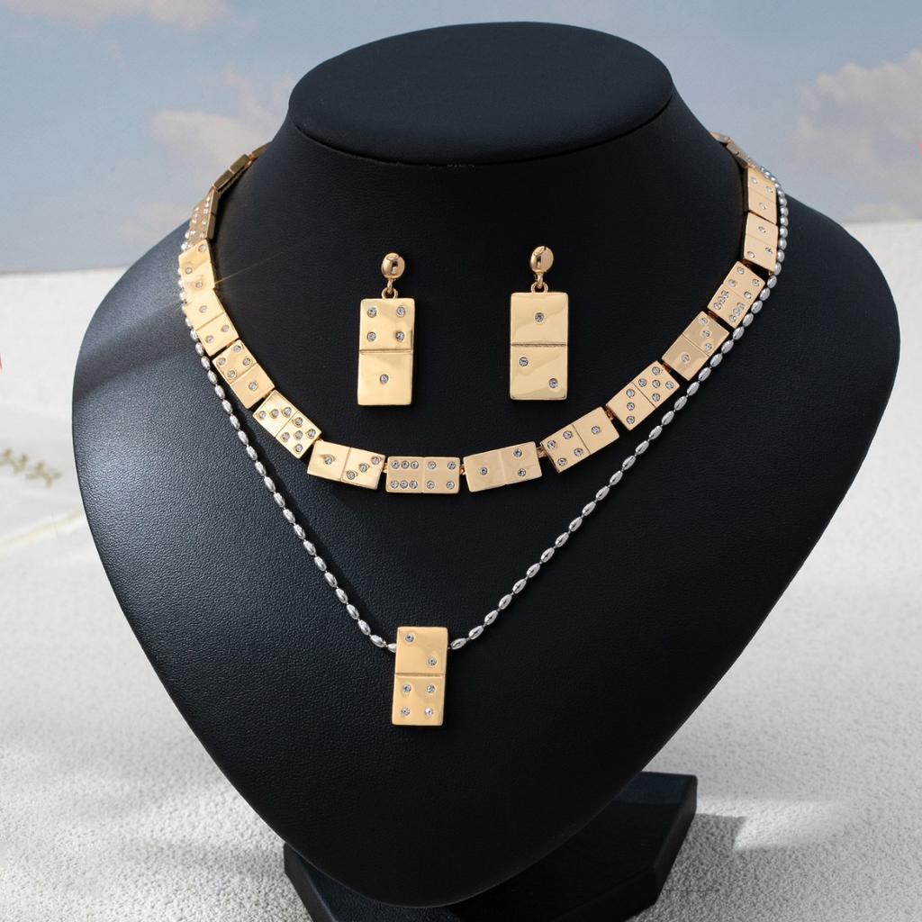 Hot-selling mahjong block inlaid zircon jewelry set versatile trendy neck chain