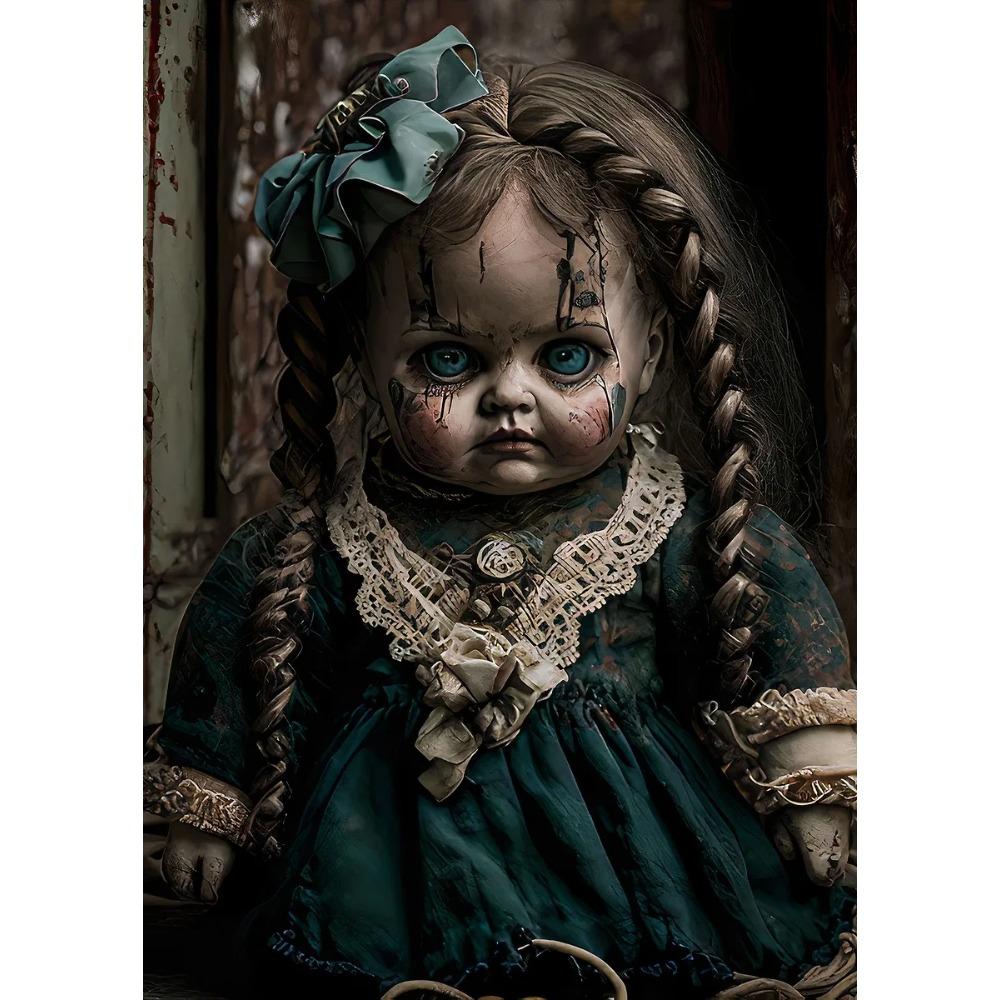Vintage Gruselige Puppe Poster Blondes Haar Rissiges Gesicht Gotische Verfluchte Puppe Drucke Leinwandbild Wandbild Heim Wohnzimmer Dekor