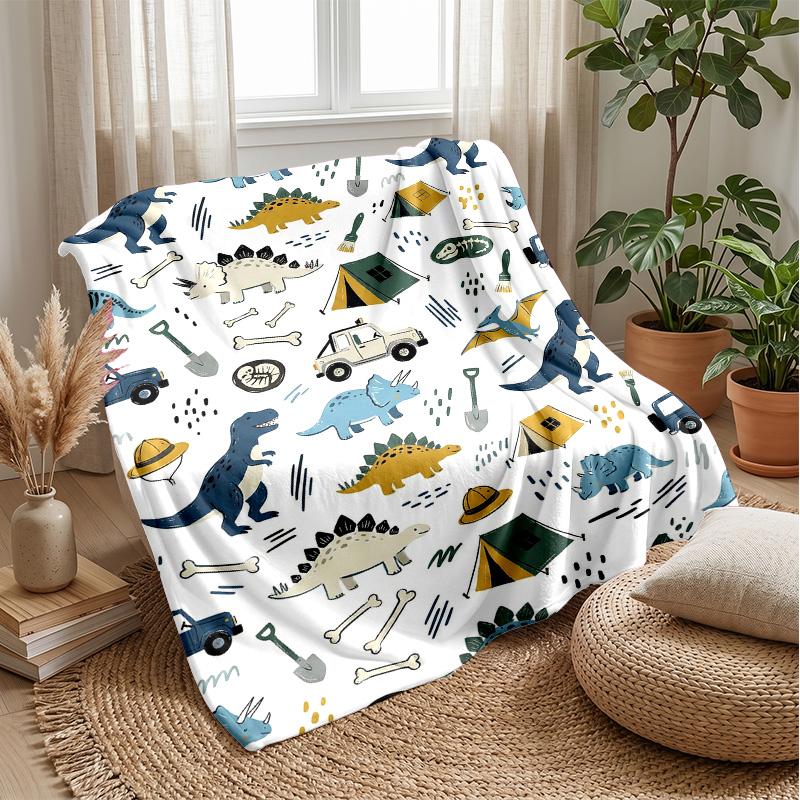 Dinosaur Driving Off-Road with Lightning Blanket Personalized Name Flannel Blanket Soft Cozy Plush Throw for Sofa Bed Lightweight Home Decor