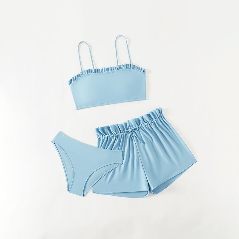 2024 Girls' Solid Color Bandeau Swimsuit Set - 3-Piece Sporty Separates