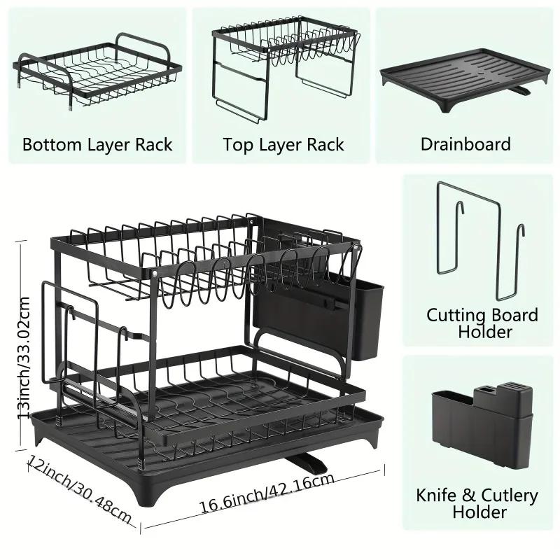 Rustproof Black 2 Tier Dish Drying Rack Metal Drainboard Kitchen Organizer Utensil Cup Holder Multifunctional Space Saving