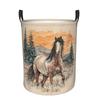 Retro Western Horses Laundry Basket - Foldable Clothes Storage Basket with Horse And Cactus Wagon Wheel Design