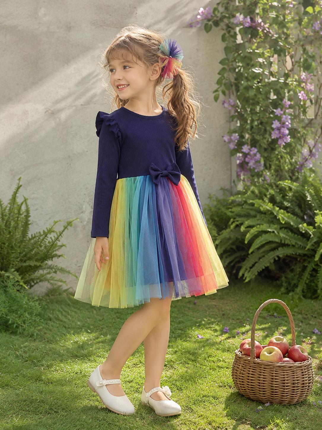 Girls Navy Ribbed Long Sleeve Rainbow Tulle Dress, Bow Decor Princess Tutu Skirt 4Y