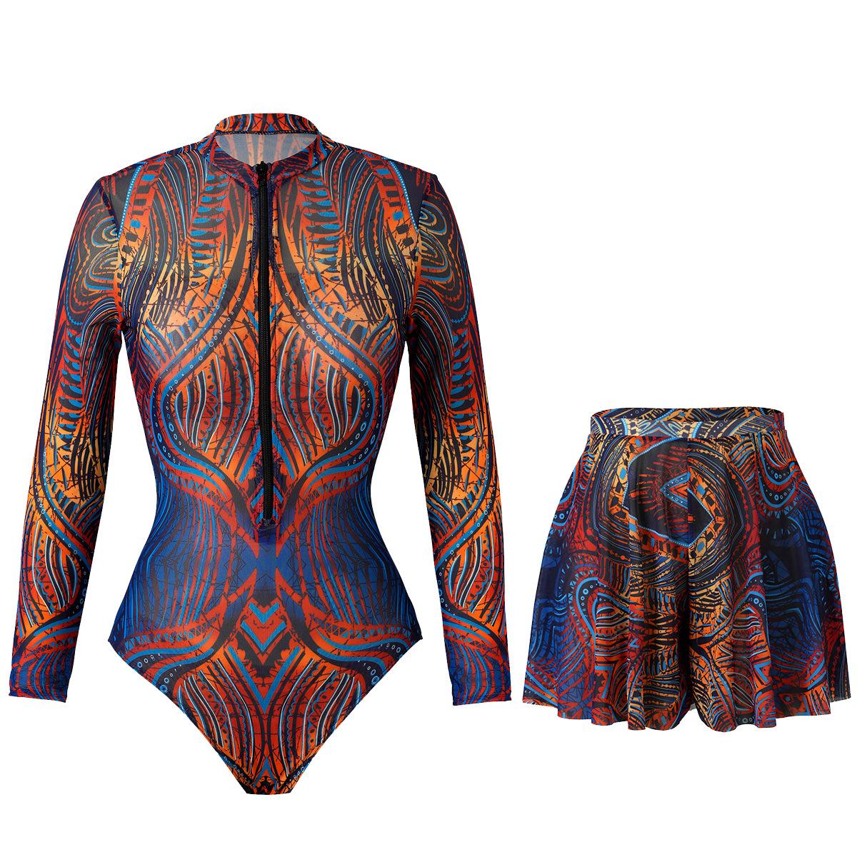 Женский купальник с длинным рукавом и комплект с короткой юбкой, двухпредметный набор XL синий