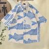 Men Beach Shirt 3D Fish Print Contrast Color Plus Size Short Sleeves Turn-down Collar Streetwear Single-breasted Plus Size Cardigan