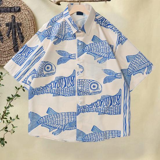 Men Beach Shirt 3D Fish Print Contrast Color Plus Size Short Sleeves Turn-down Collar Streetwear Single-breasted Plus Size Cardigan