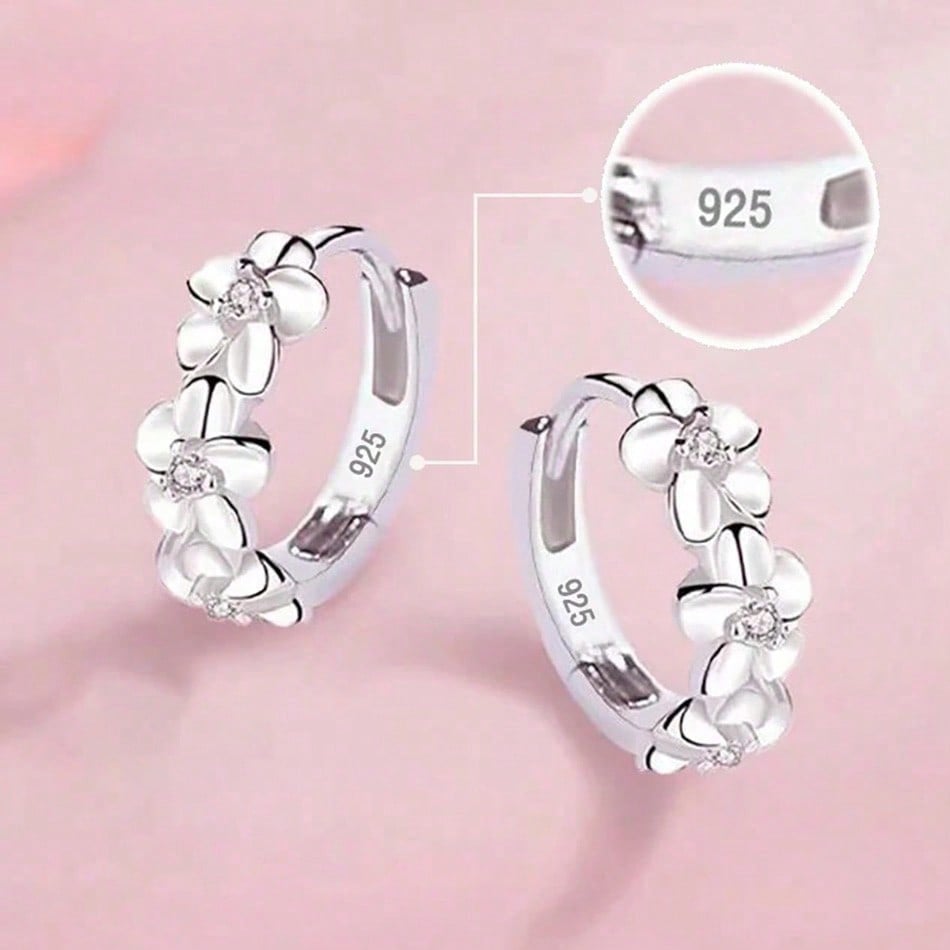 

925 Sterling Silver Plated Small Rose Flower Round Hoop Earring AAA Zirconia for Women Female Charm Engagement Wedding Jewelry one-size серебряный