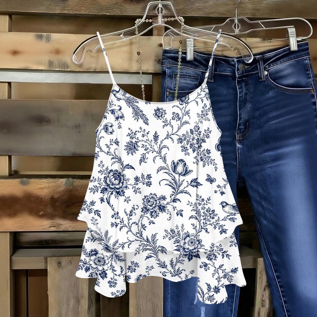 Women Strapless Floral Print Sleeveless Double Layer Camisole Top Lightweight Summer Casual Tank Blouse