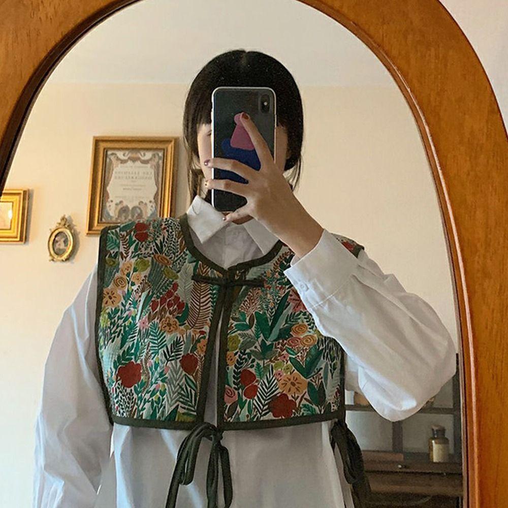 Random Pattern Fake Collar Capelet Floral Printed Lace Up Waistcoat Women Embroidered Vest Girls
