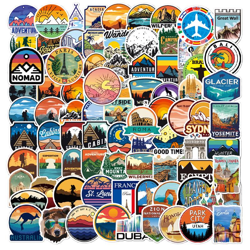 100Pcs Cute Travel Stickers Outdoor World Travel Stickers Pack Waterproof Vinyl Map Stickers for Suitcase, Bicycle, Laptop