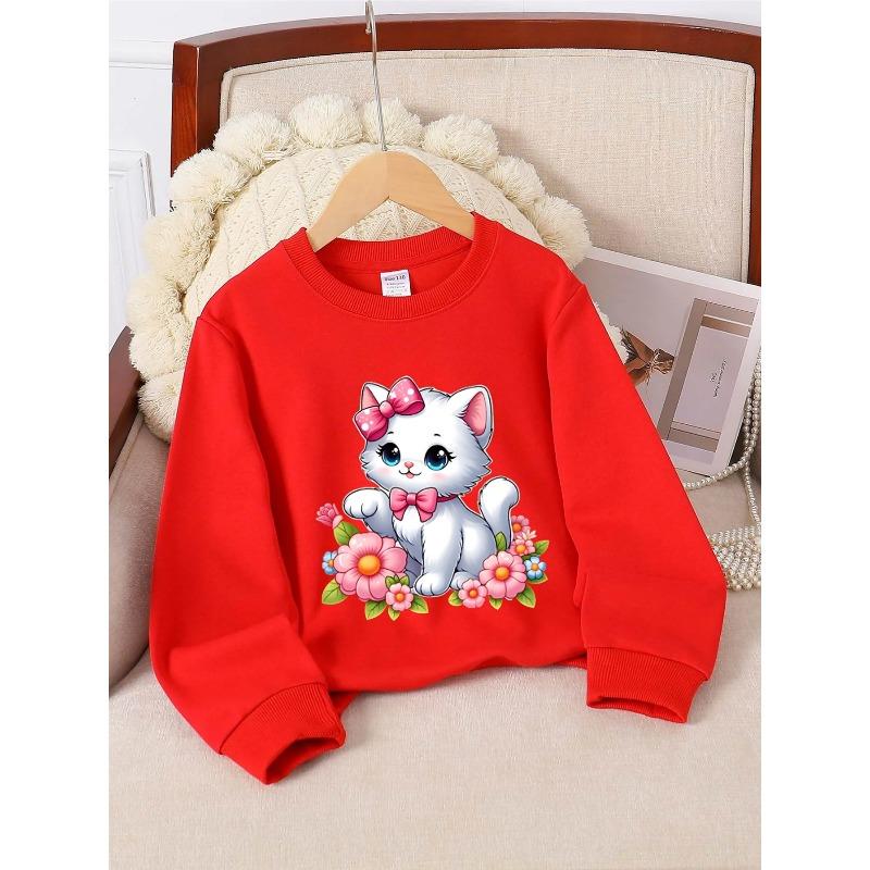 European sizes Crewneck Sweatshirt for Girls with White Kitten & Pink Bow, Soft Comfy Sportswear for Casual Outings for Kids & Teens