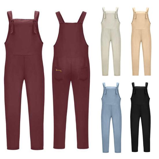 Women Casual Solid Color Sleeveless Adjustable Straps Loose Jumpsuit Bib Overall
