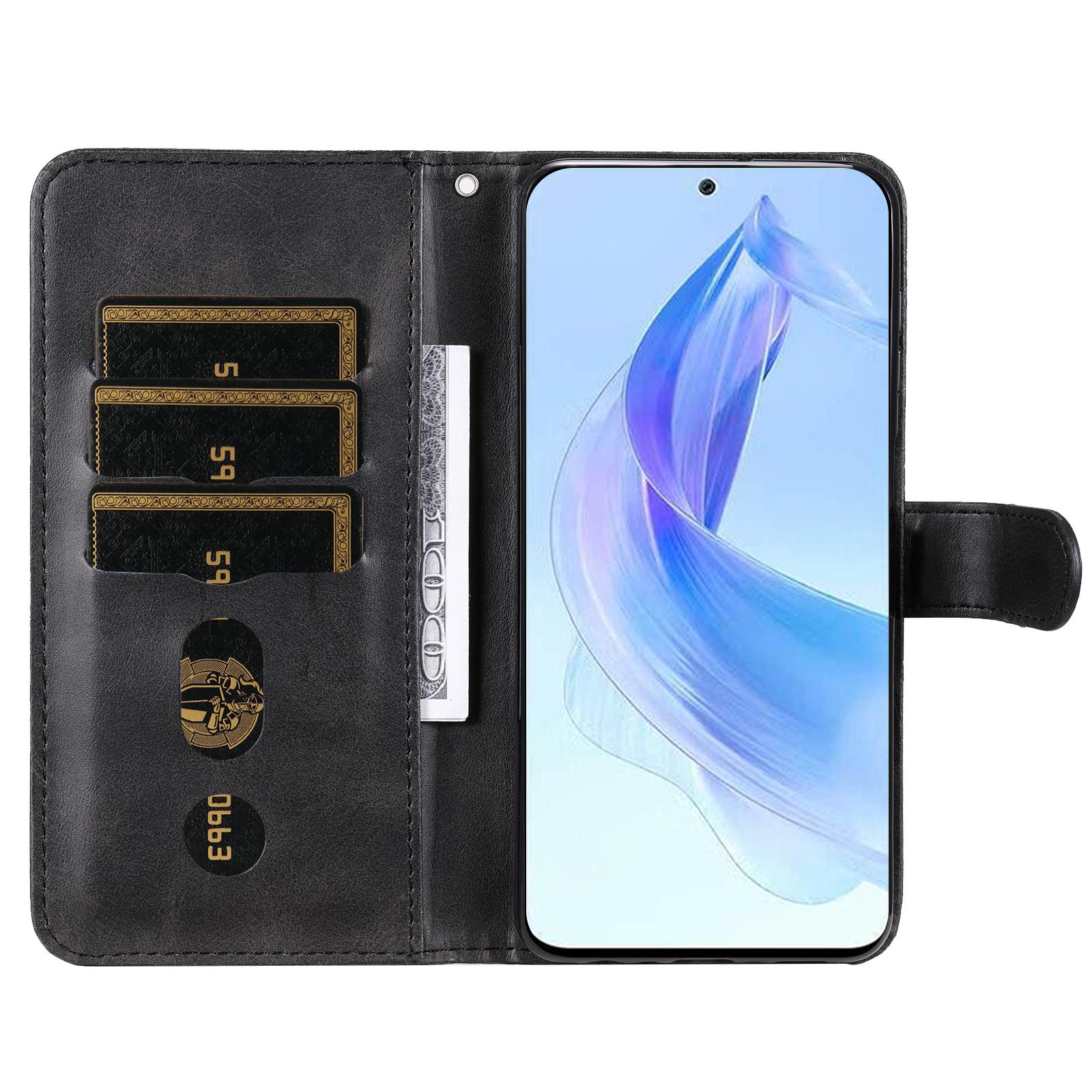 

For Honor X50i 5G/90 Lite 5G Zipper Pocket Phone Case Stand Shell Calf Texture Dustproof Wallet Smartphone Cover Black