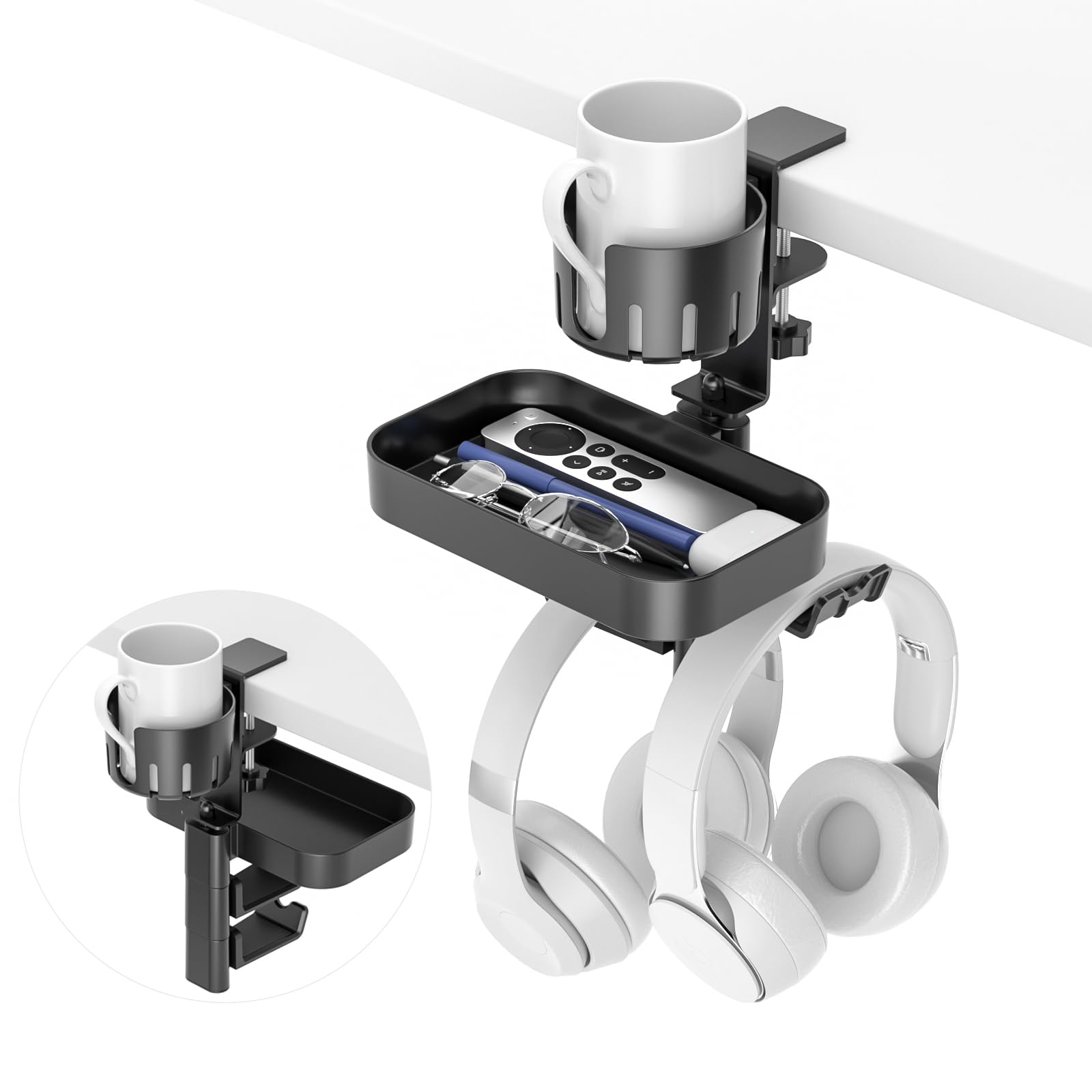 

KDD 3-в-1 Подвесное хранилище под стол с подстаканником, двумя вращающимися ящиками и держателем для наушников - Съемный подстаканник и лоток под стол для мелочей