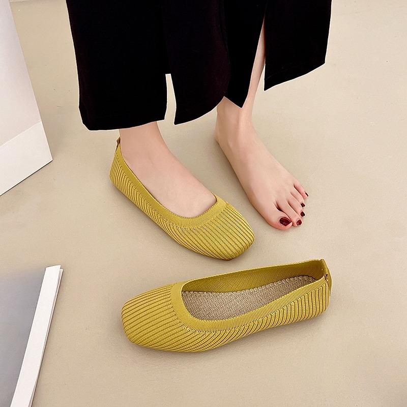 Fashion Knit Flats Autumn New Square Toe Shallow Mesh Breathable Soft Sole Non-Slip Sneakers