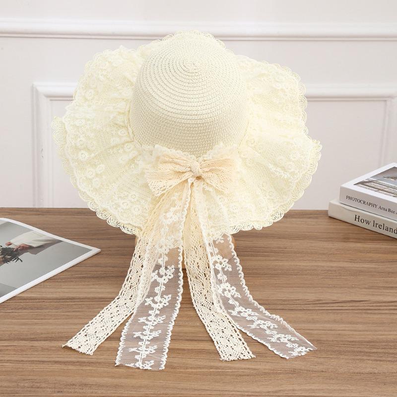 Summer Bow Sun Hat Female, Seaside Beach Vacation Sun Hat Outdoor Big Brim Sun Hat Sweet Straw Hat