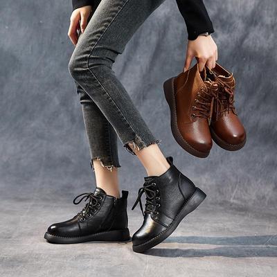 Winter Warm Casual Ankle Boots for Women Slip-on Fur Lined Platform Chunky Lace-Up Short Booties Women Fleece Lined Leather Snow Boots High Top Shoes