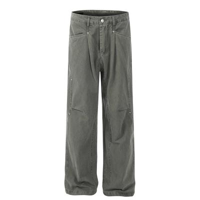 Retro Washed Cotton Cargo Pants With Metal Rivets Detail Loose Fit Unisex Streetwear Trousers