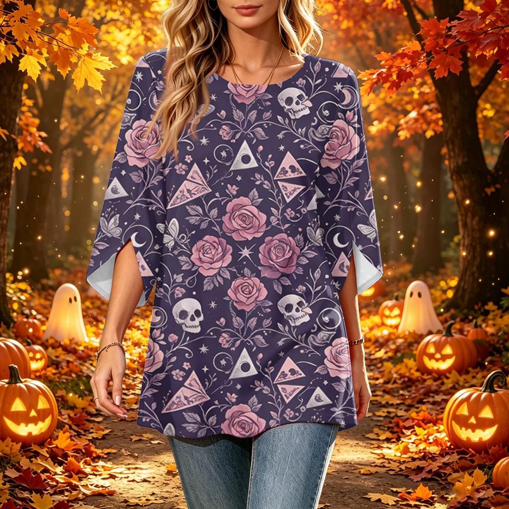 Women's Halloween Printed Casual Loose Fit Top with Round Neck and Three-Quarter Sleeves