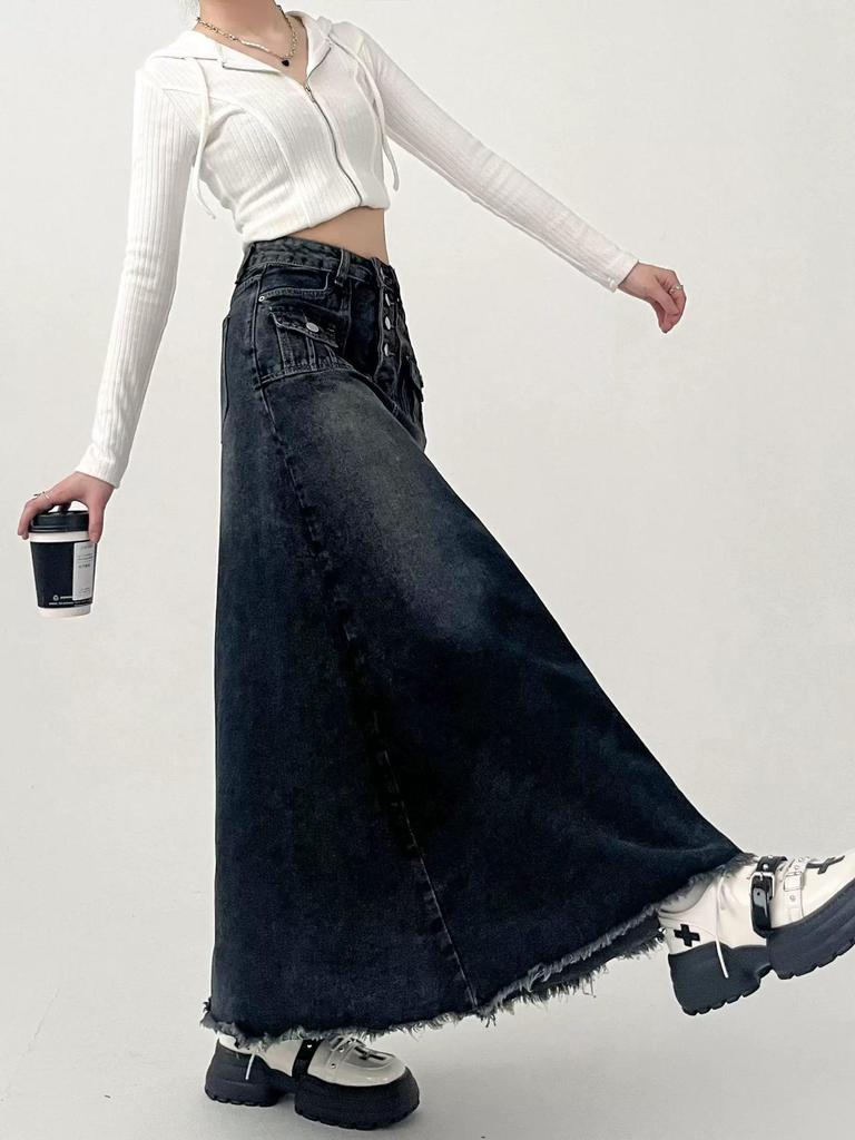 Women's Plus Size High Waist A-line Mid-length Denim Skirt - American Retro Style, Autumn Wear, Raw Edge, Flattering Fit