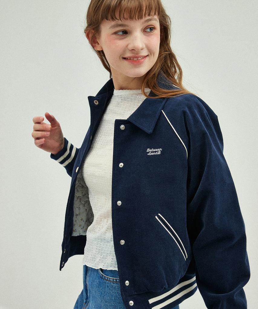 Between A And B Floral Quilted Corduroy Varsity Jacket [Navy]