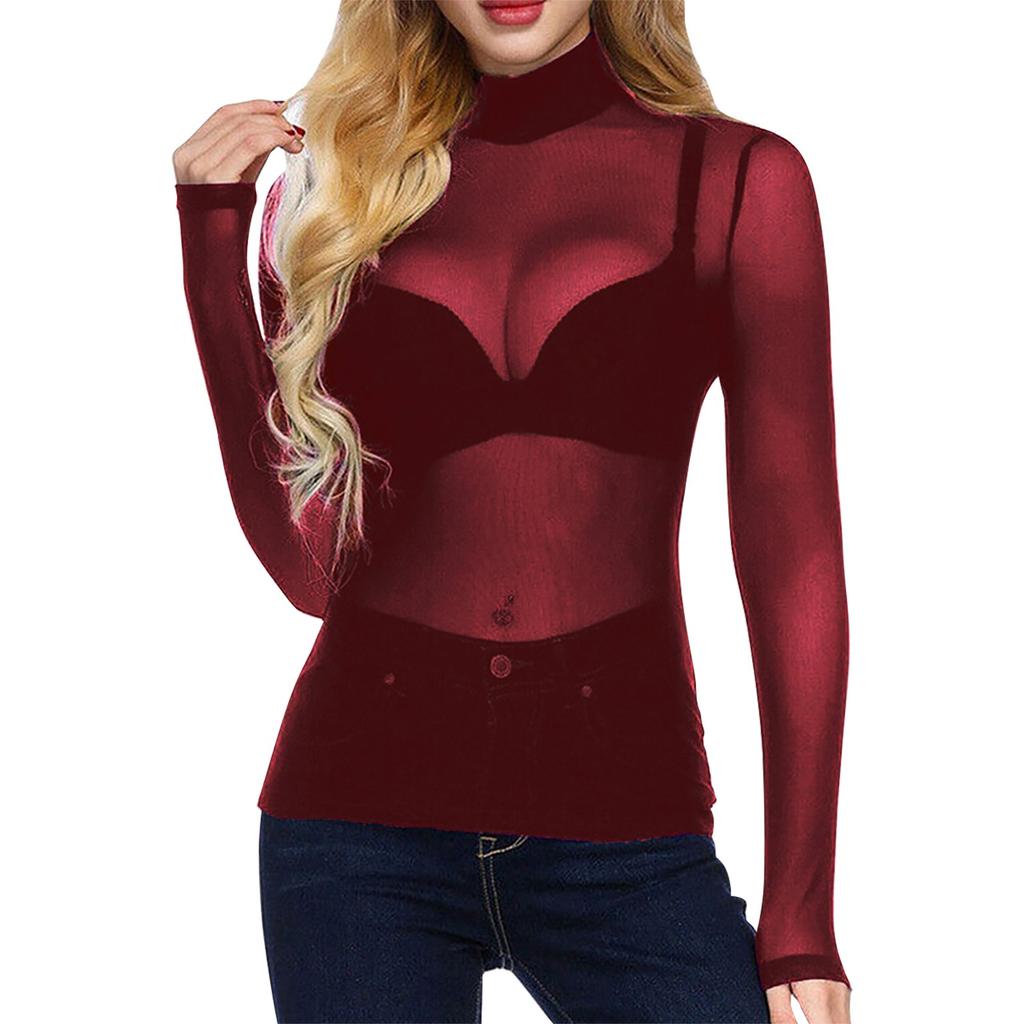 Camisa feminina sexy de verão, malha ultrafina, elástica, justa, manga comprida, gola meia-alta