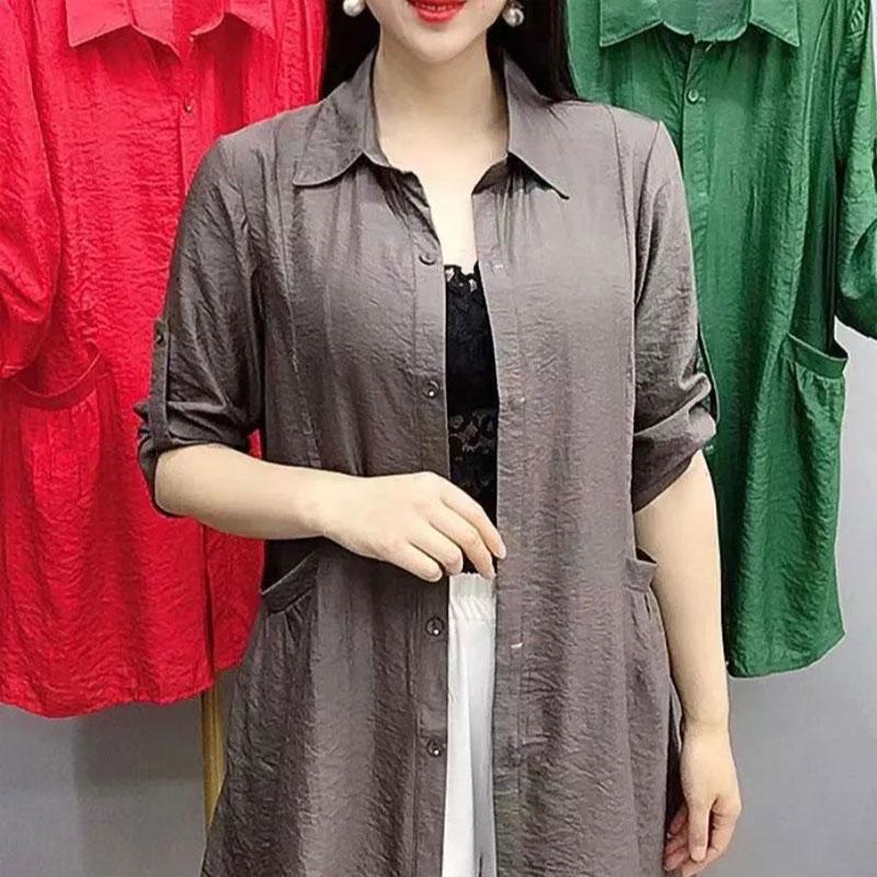 

Летняя мода Однотонная рубашка миди Повседневная базовая с карманами Женская с отложным воротником Повседневная с рукавом до локтя Свободная блузка 5XL кофейный