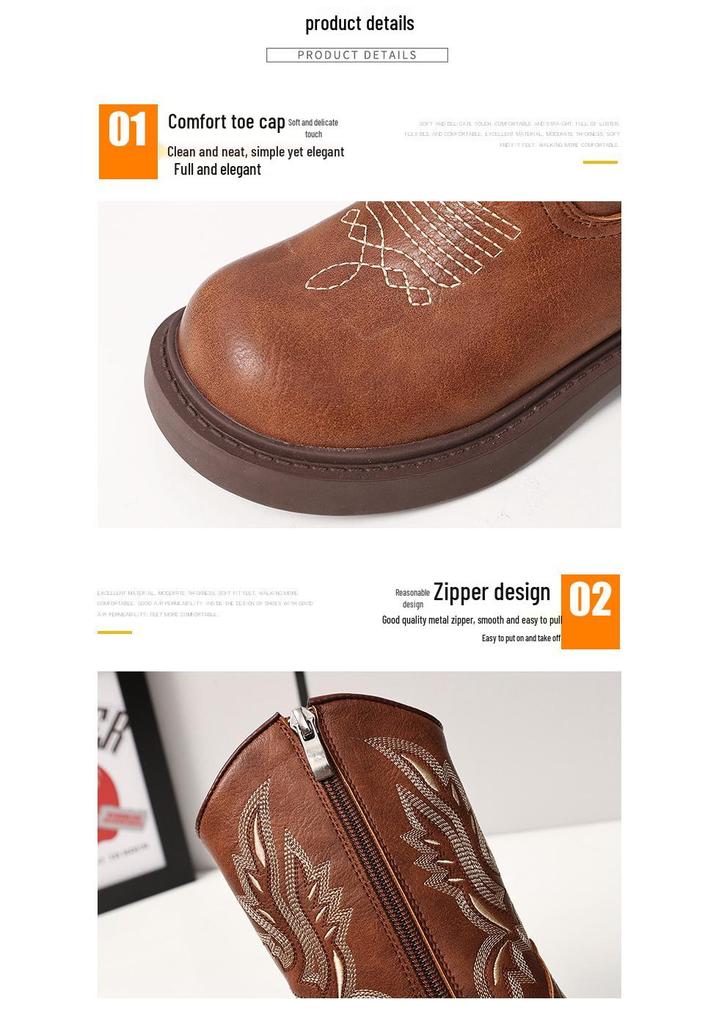 Children's Retro Brown Embroidered Chelsea Boots - Soft Sole Mid-Calf Denim Leather for Girls