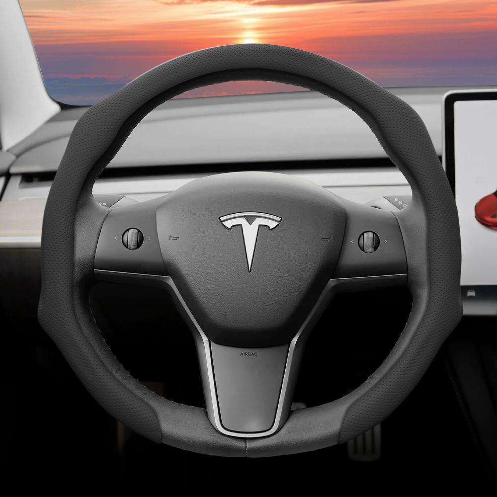 Geeignet für Tesla Perforierte Lederlenkradabdeckung, Rutschfest, Schweißabsorbierend, Atmungsaktiv, Integrierte Snap-On Schutzhülle für Modell 3 Y S