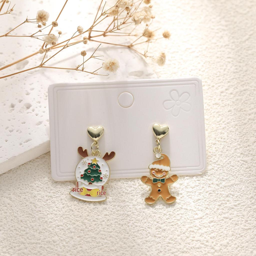 European & American Cartoon Rhinestone Christmas Earrings – High-End Asymmetrical Festive Jewelry for Women
