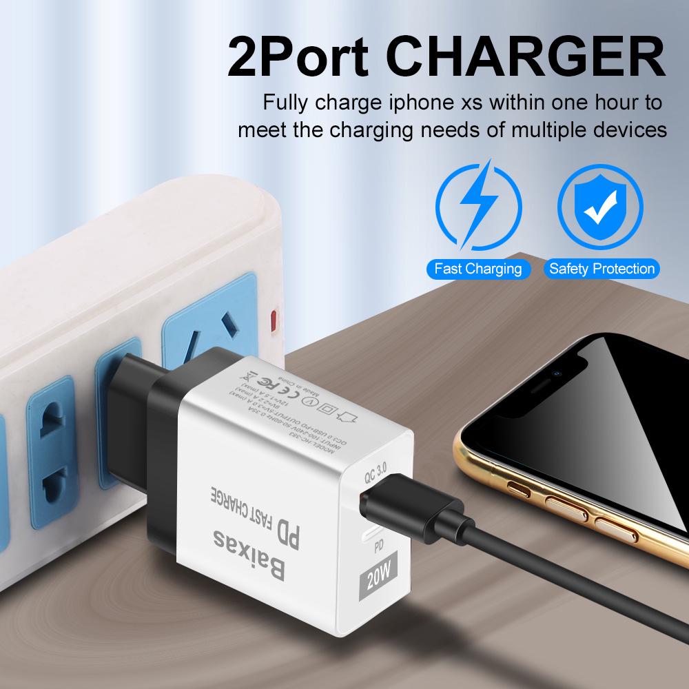 EU Standard QC3.0+PD Travel Charger with Fast Charging USB Ports (5V/9V/12V) - Compatible with EU, UK, AU