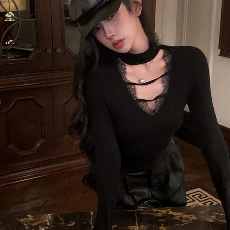 

Сексуальные кружевные футболки для женщин, черные футболки, модная одежда для бара, топы для девочек Y2K, женская клубная одежда, футболки с вырезом на шее S чёрный