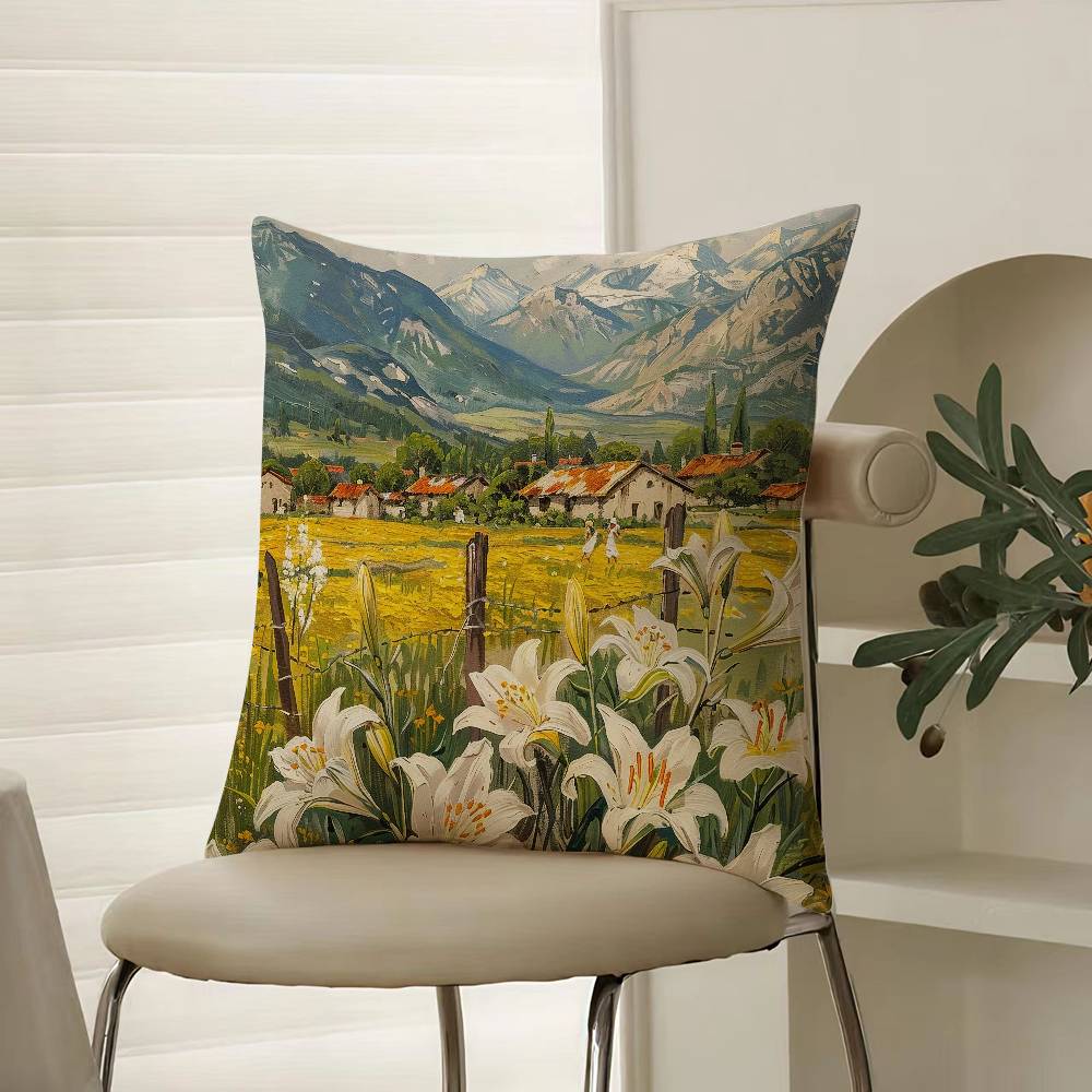 Hand-painted Iandscape Oil Painting Pillow Case Comfort Sofa Bed Silky Elegant Invisible Zipper Decorative Cushion Cover