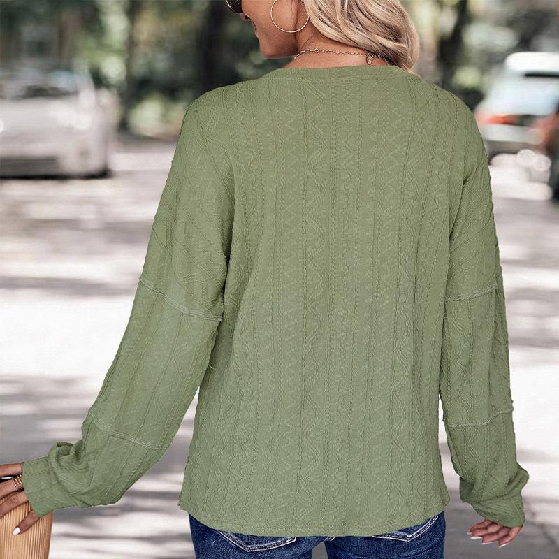 Spring and Autumn Women's Knit Blouse Round Neck Casual Top Green Button Tee Jacquard Long Sleeve Blouse