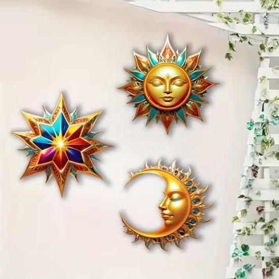 3Pcs Sun Moon Star Wall Decorations Waterproof Bohemian Sun Moon Star Wooden Wall Art Set Outdoor Indoor Hanging Decor Retro Style Garden Patio