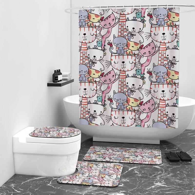 Cartoon Digital Printing Shower Curtain Bathroom Curtain Cloth Shower Curtain Non-Punching Set Bathroom Four-Piece Set Floormat40x60cm