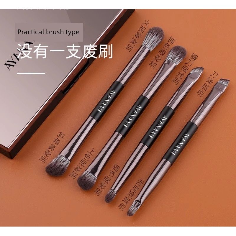 Mini Makeup Brush Set of 12, Including Eyeshadow Brush, Contour Brush, Nose Shadow Brush, Blending Brush, Loose Powder Brush, and Foundation Brush Four Double-Ended Contouring Eyeshadow Brushes