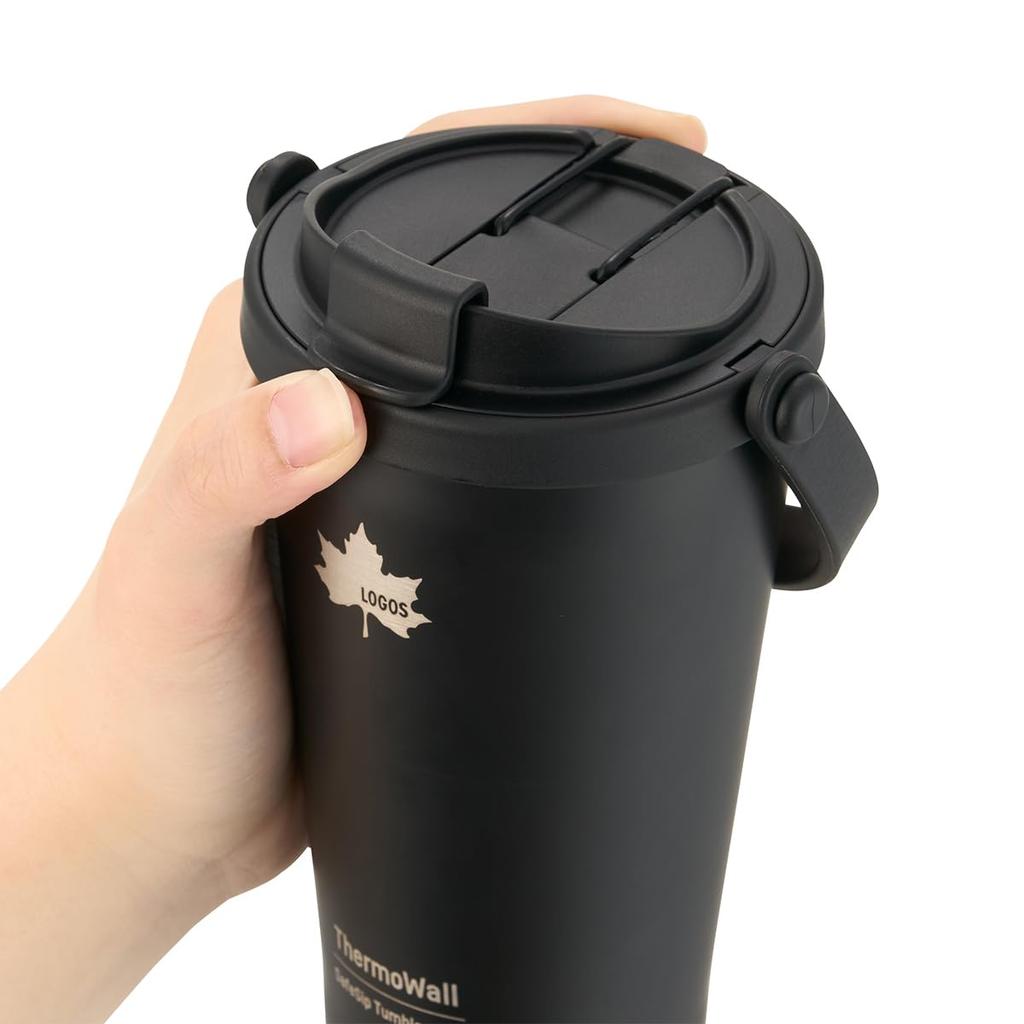 LOGOS ThermoWall Vacuum Insulated Tumbler 480ml Black 81286131 Camping Mug Bottle Slim Design Lightweight Keeps Drinks Hot or Cold Direct Drinking