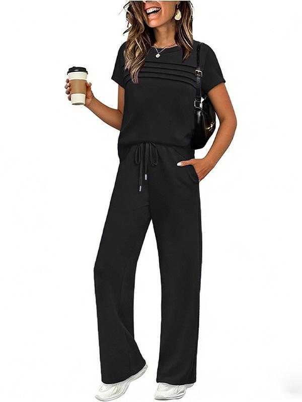 2026 New Spring-Summer Women's Casual Set: Short Sleeve Top & Wide Leg Long Pants