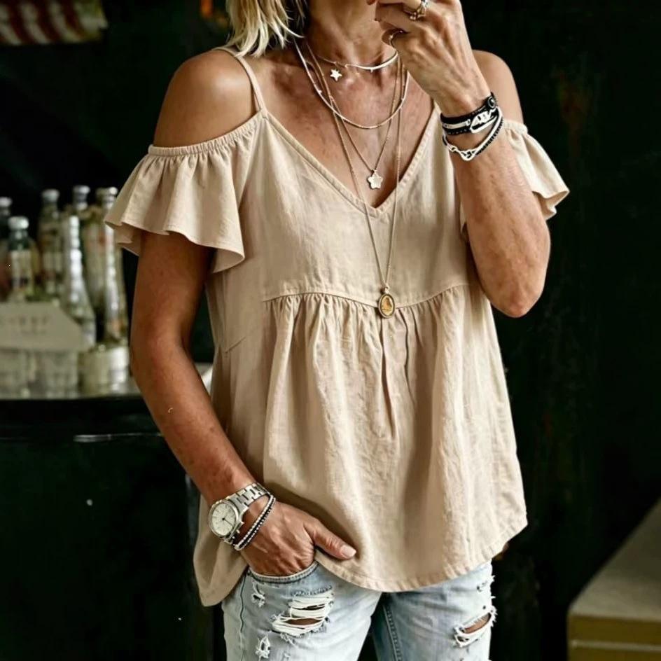 Women Casual Loose Off Shoulder V Neck Ruffle Short Sleeve T Shirt