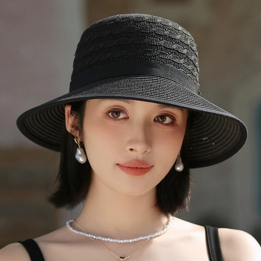 French Straw Bonnet Cap for Women Sun Visors Ribbon Bow Summer Bucket Hat Fedoras for Beach