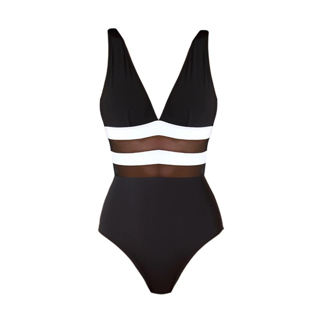 ins style simple black and white perspective mesh deep V one-piece swimsuit suit women, European and American sexy swimsuit new