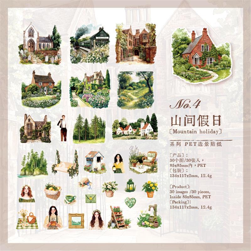 

30-Sheet Beautiful Countryside Scenery Sticker Pack, Idyllic Rural Patterns for Journal Decoration