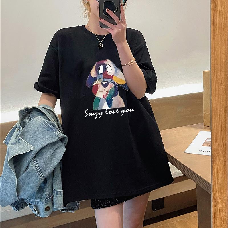 

With shark pants cotton short-sleeved t-shirt women s medium and long loose large size top white bottoming shirt spring and summer tide XXXL