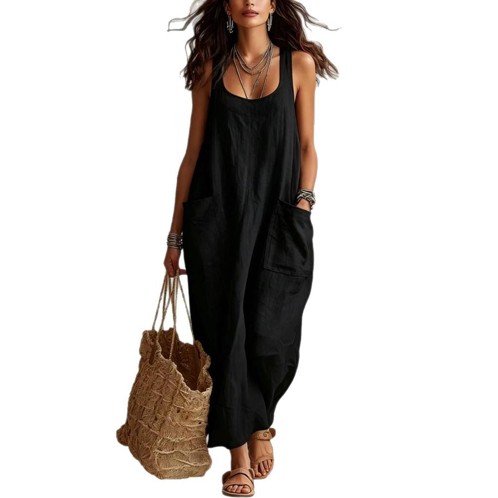 2026 Summer European-American Cotton Linen Casual Pocket Spaghetti Strap Long Dress
