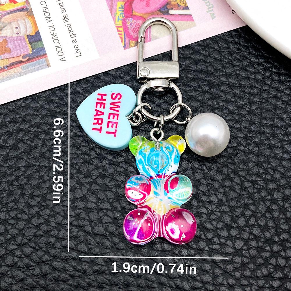 Iridescent Green Resin Bear & Pearl Heart Keychain Pendant.