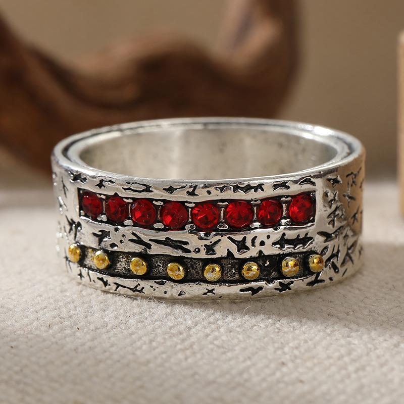Vintage Inlaid Red CZ Women's Ring Ethnic Two Color Geometry Daily Wear Party Jewelry Anniversary Gift