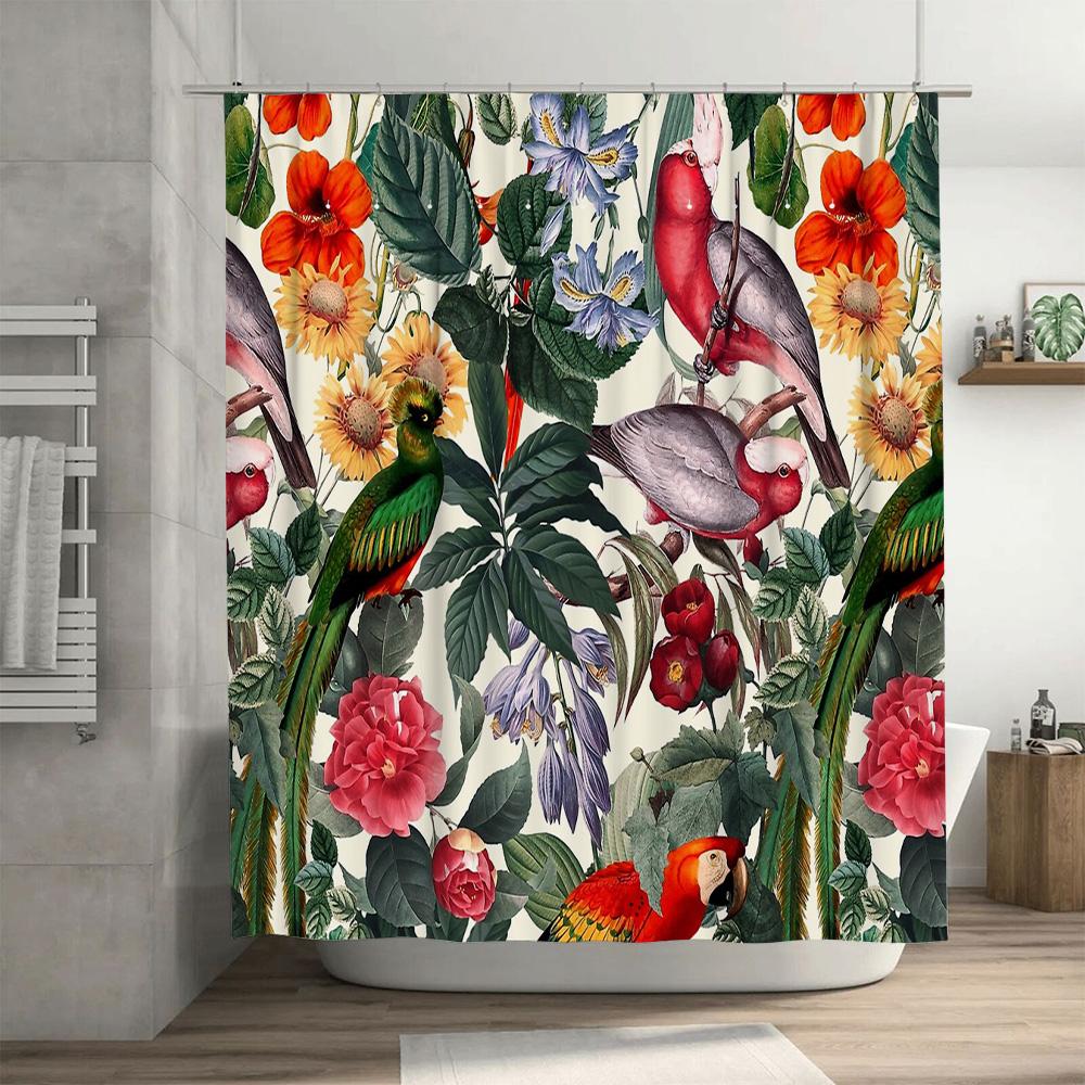 Floral Botanical Birds Shower Curtain Tropical Rainforest Nature Landscape Bathroom Decor Vintage Artistic Pattern Home Decor